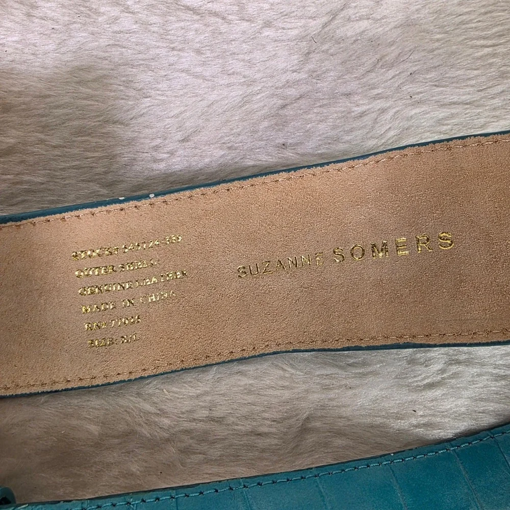 VTG 80s Suzanne Somers Waist Belt Blue Croco Embossed Leather Womens XL